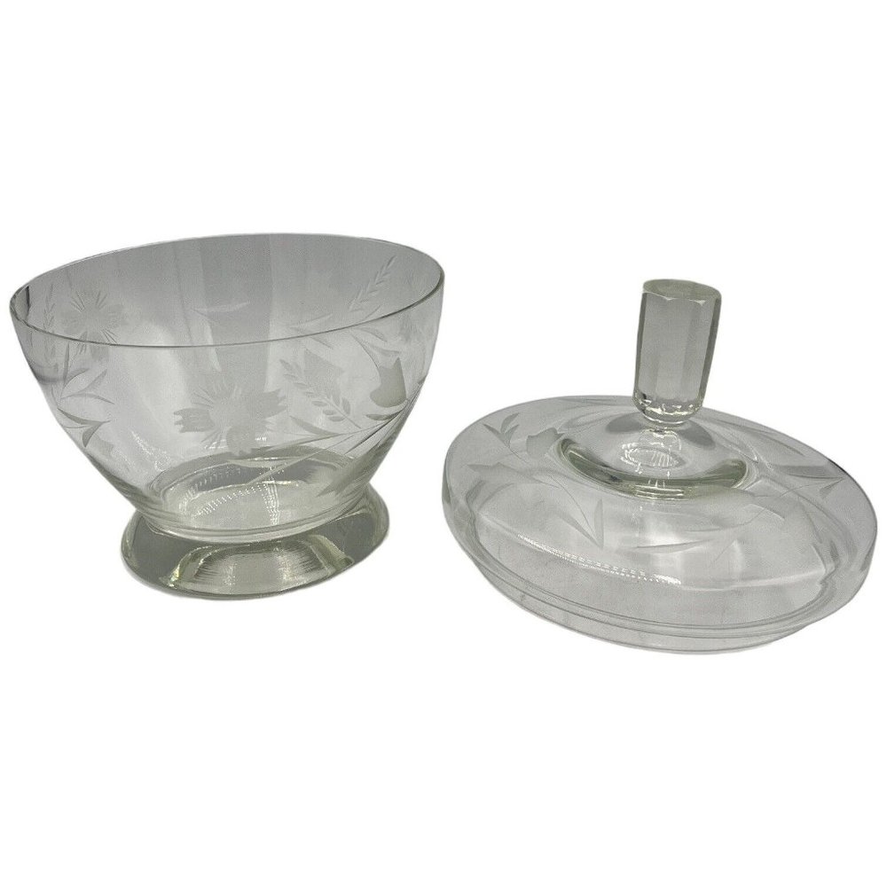 Vintage Engraved Floral Crystal Candy Dish with Lid Clear Glass READ - Picture 5 of 14